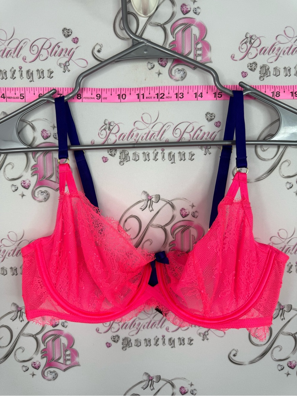 Victoria's Secret Neon Pink Lace Underwire Bra with purple Straps